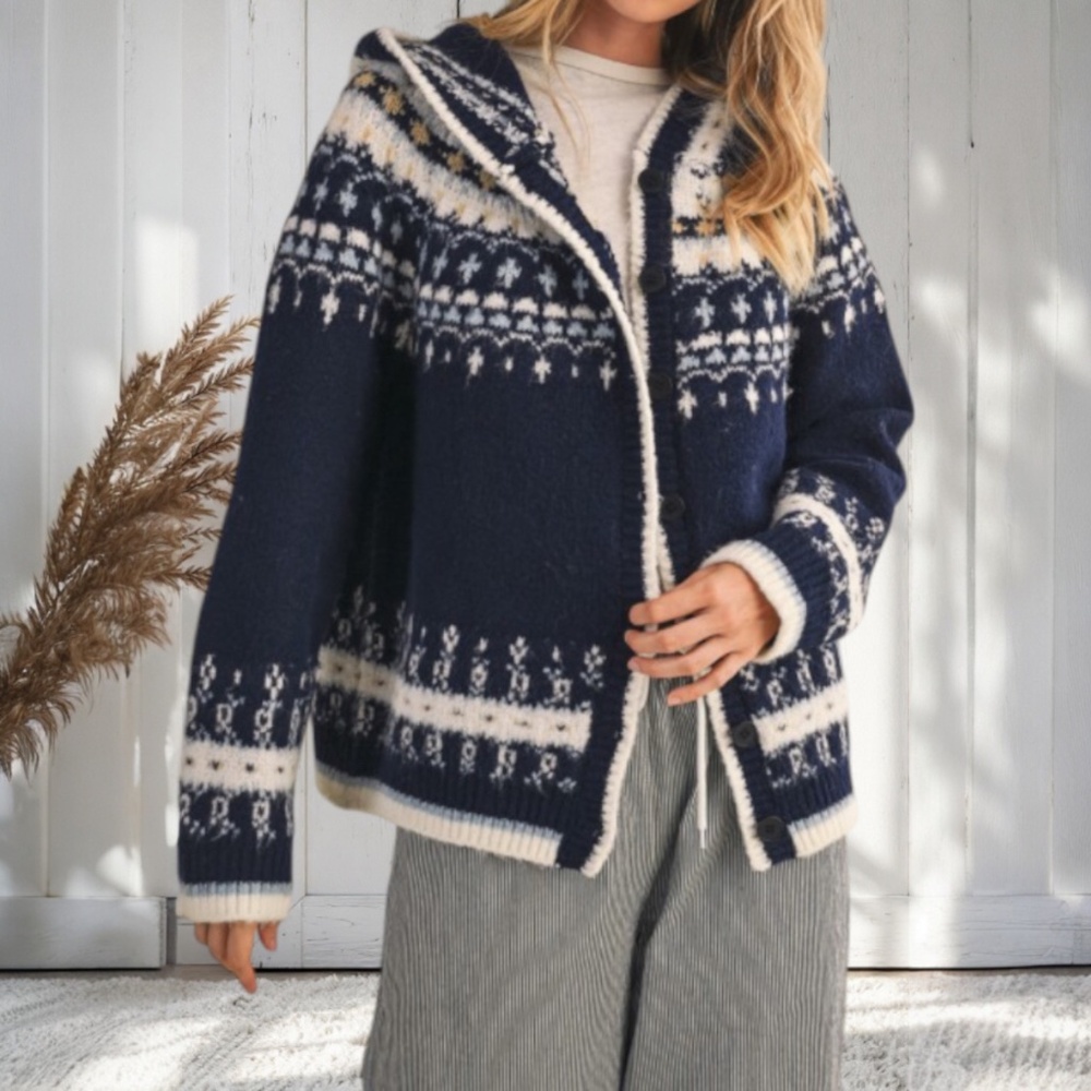 Navy Nordic Soft Button Down Knit Hooded Winter Cardigan Sweater Jacket